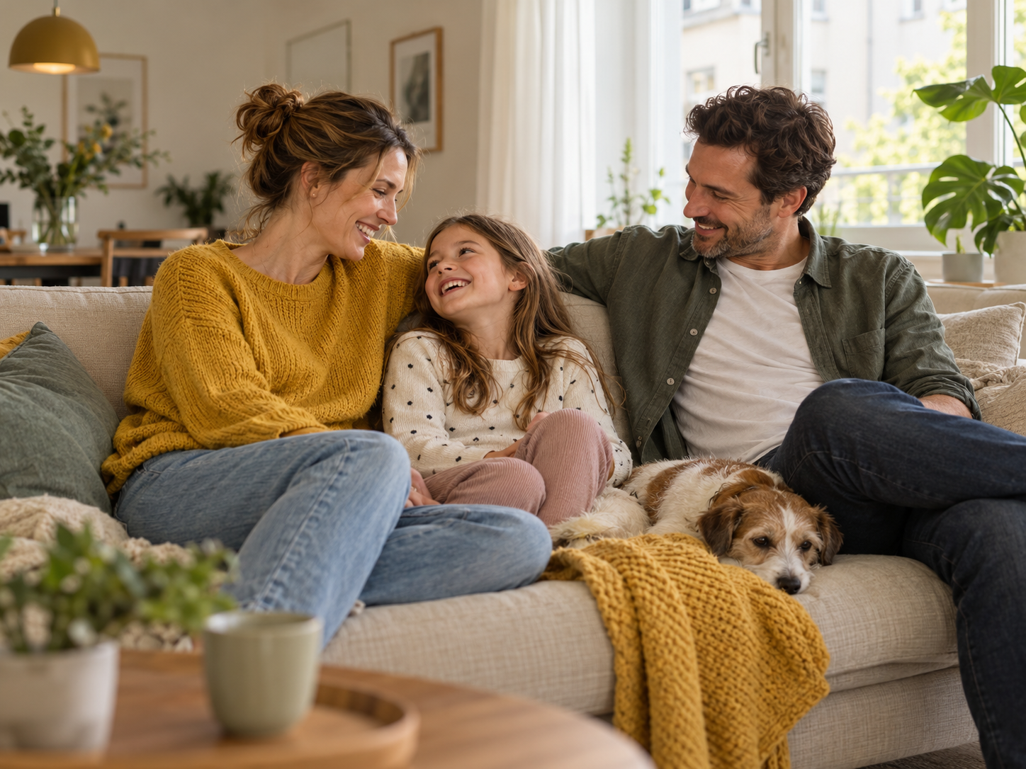 Familie mit Kind und Hund entspannt gemeinsam zu Hause